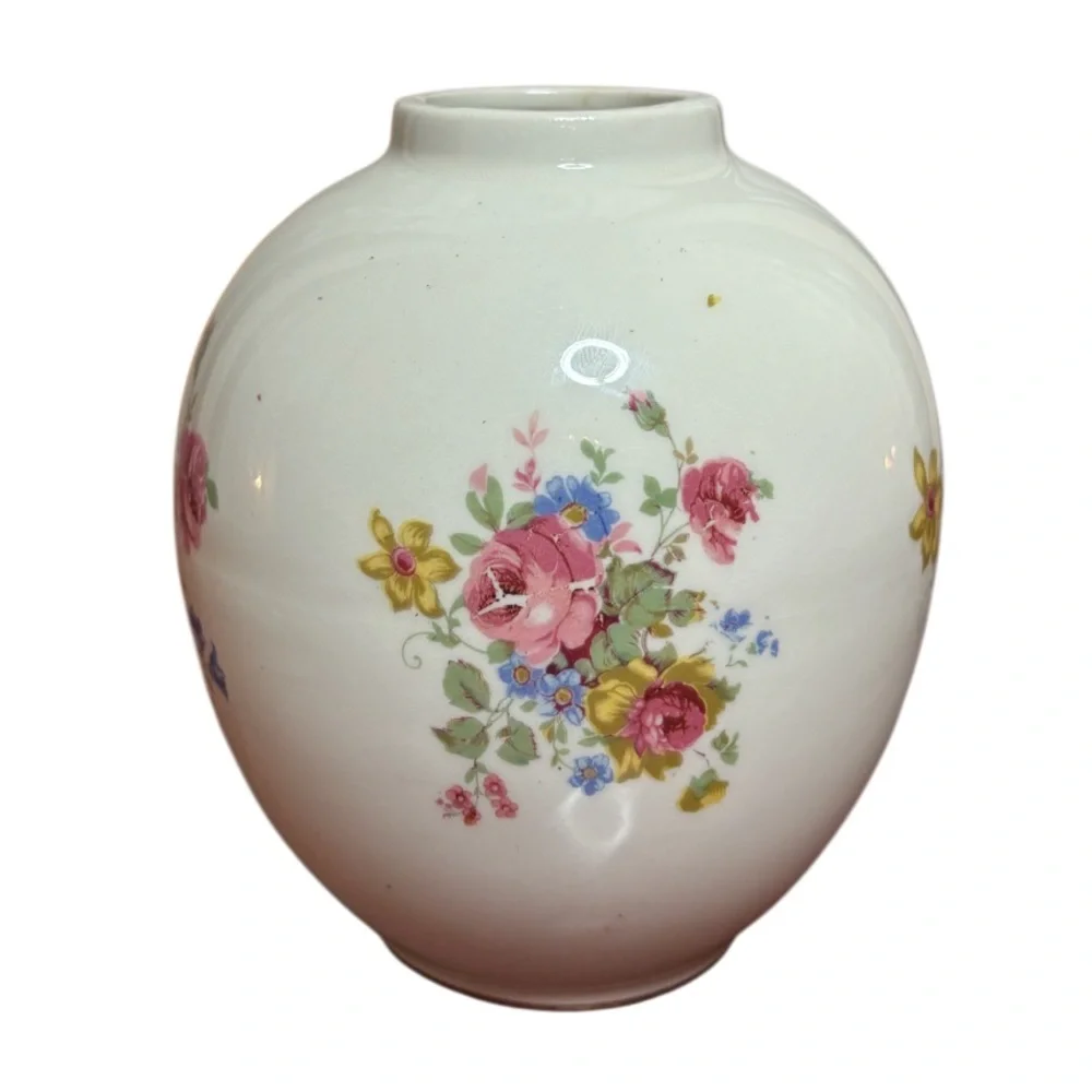 Vintage Flower Vase ANJOU Cottage Pink Rose Mauve Blue Ivory Cream Floral Decor